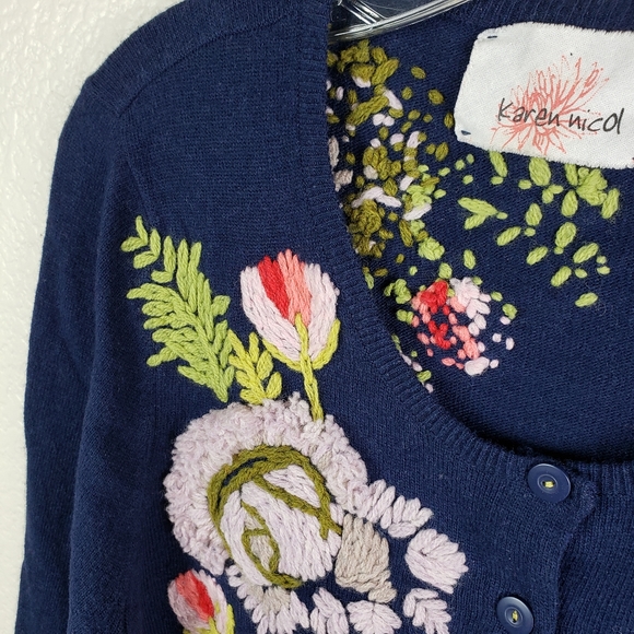Anthropologie Karen Nicol Embroidered Floral Cardigan in Navy size L - Picture 12 of 13